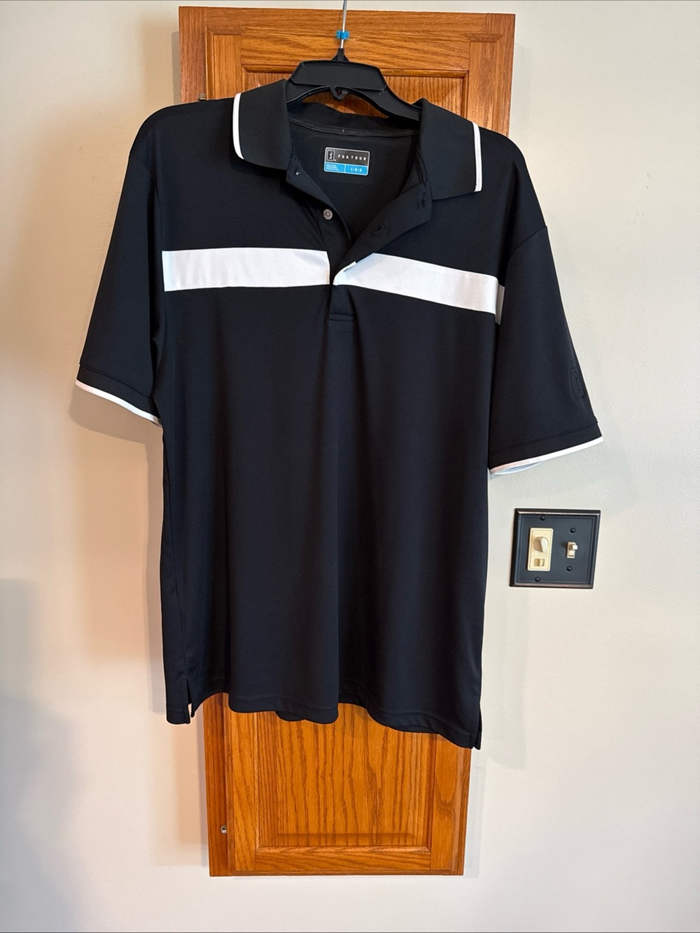 PGA Tour Polo Shirt Sz L Black/White Stripe Short Sleeve Collared Polyester